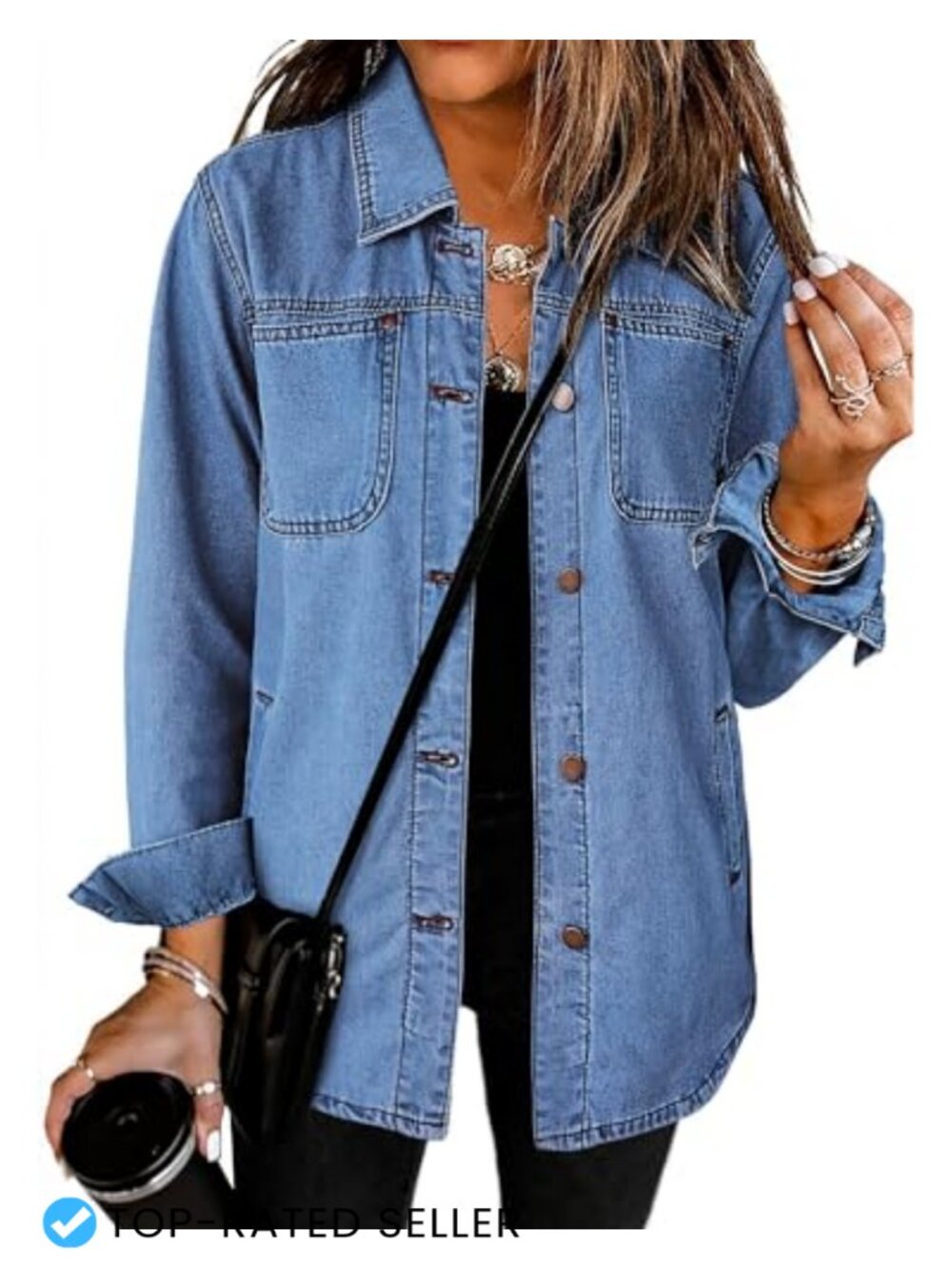Women's Denim Jacket Long Sleeve Button Down Shacket with Pockets Relaxed Fit
